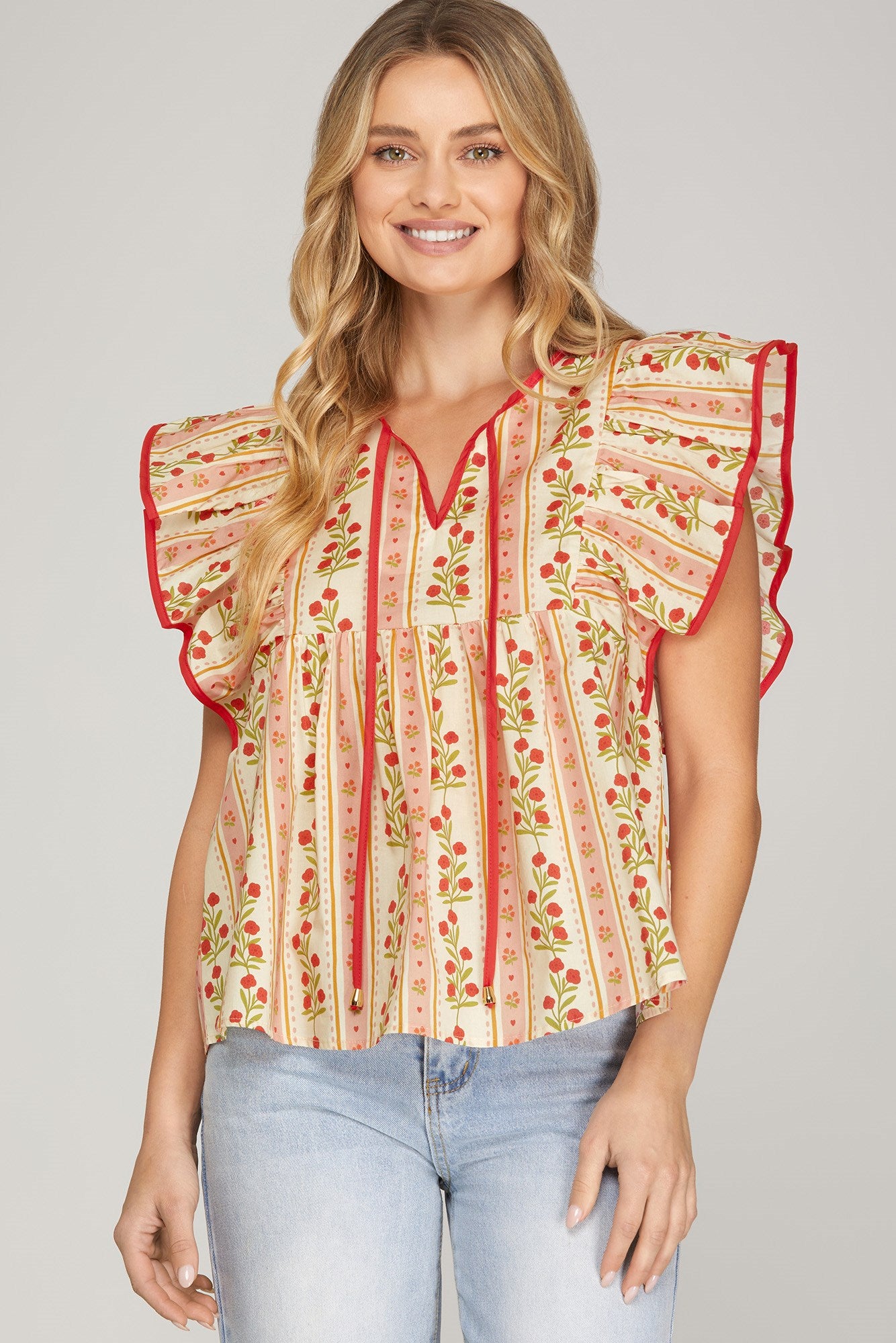 Red Ruffle Sleeve Top