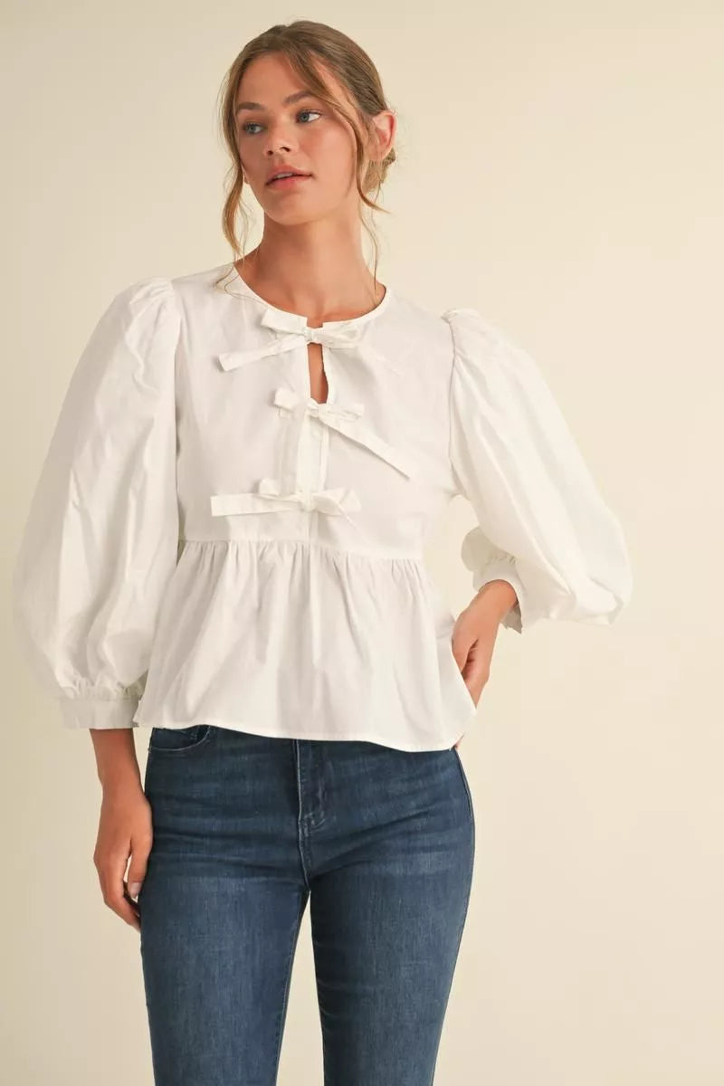 Off White Bow Tie Peplum Top