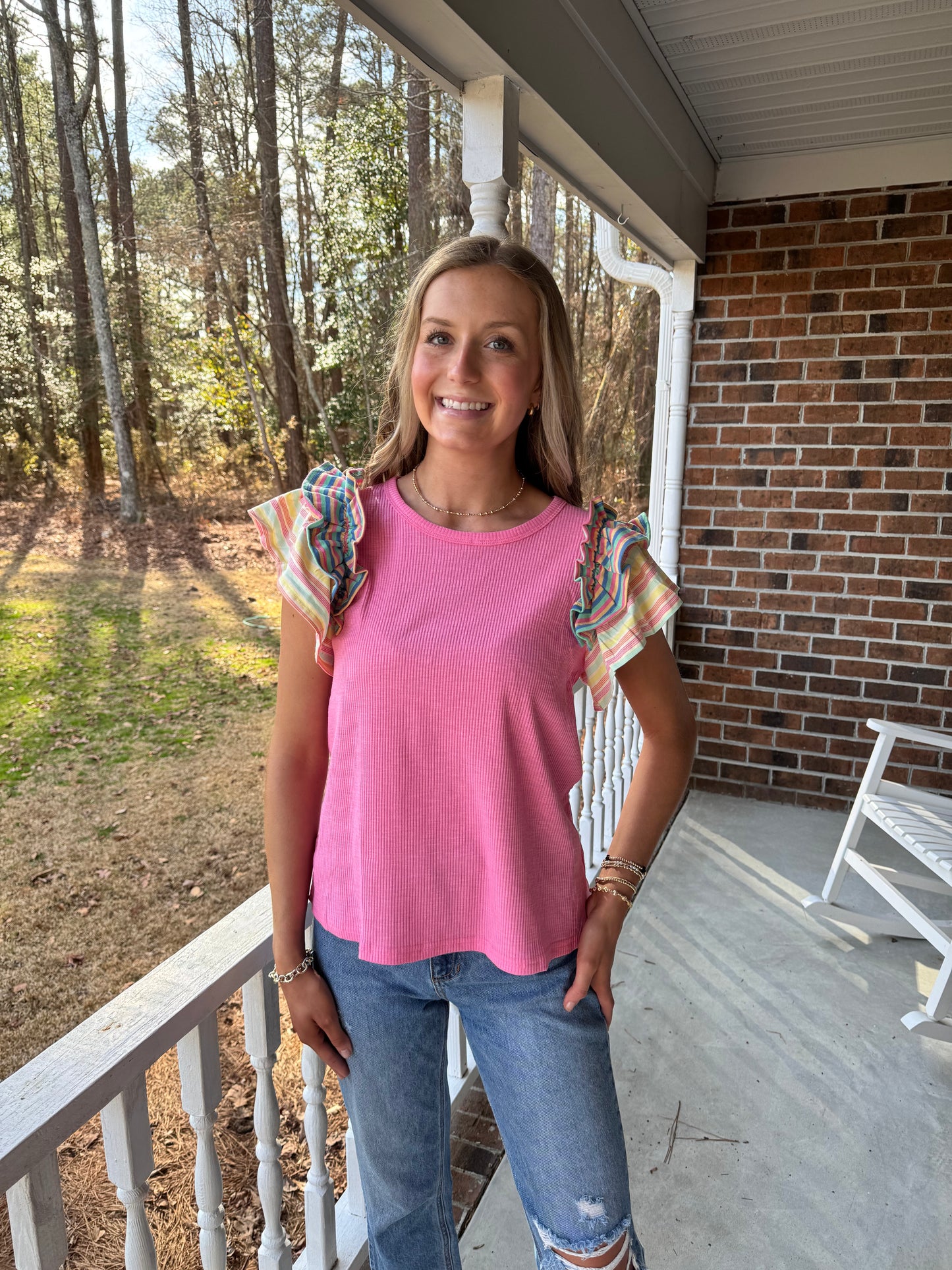 Pink Ribbed Flutter Sleeve Top