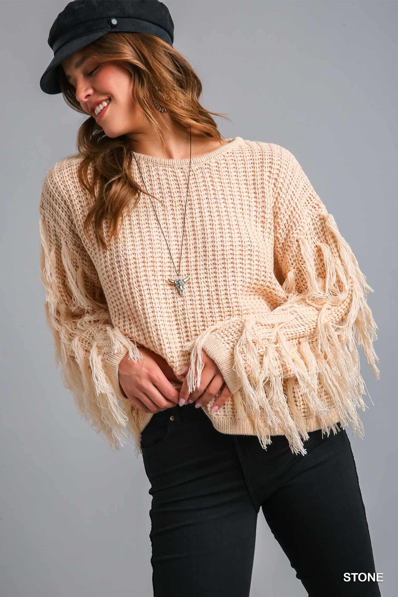 Knit Sweater with Tassel Sleeves