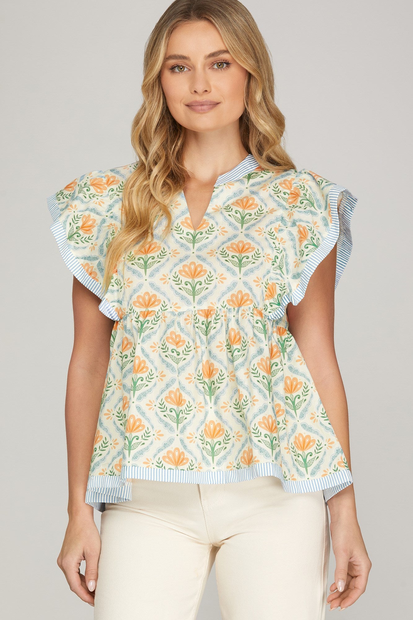 Light Blue Ruffle Sleeve Printed Top