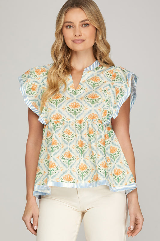 Light Blue Ruffle Sleeve Printed Top