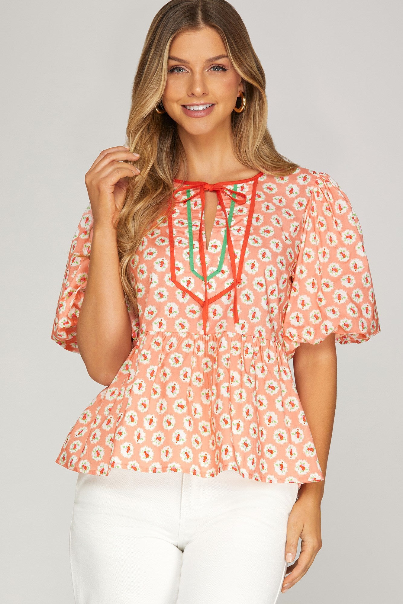 Peach Puff Sleeve Printed Top
