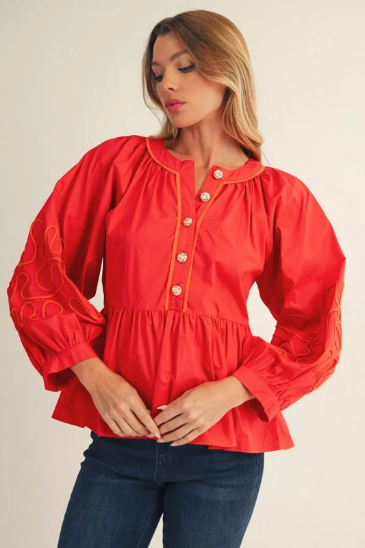 Red Embroidered Sleeve Top