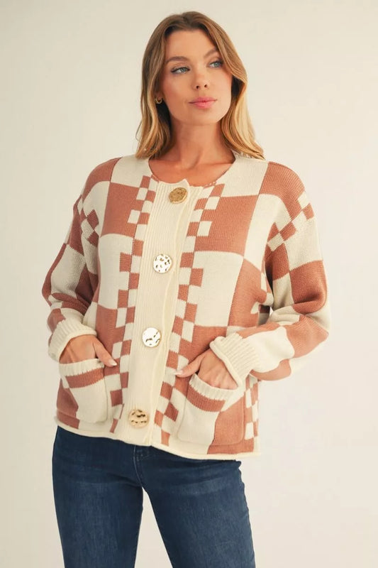 Checkered Button Down Sweater Cardigan