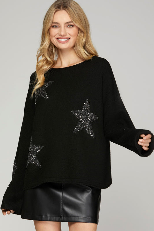 Black Sequin Star Top