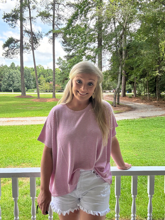 Mauve Ribbed Striped Oversized Top - Zenana