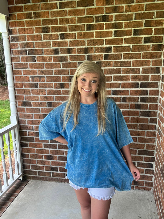 Ocean Blue Acid Wash Boyfriend Tee - Zenana