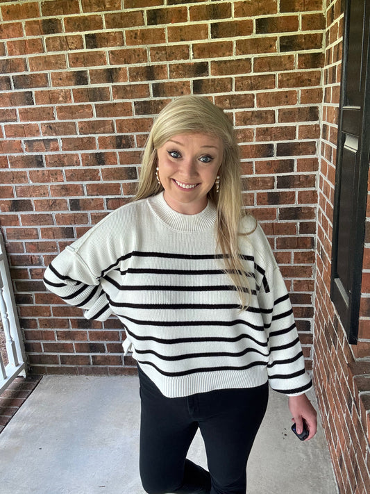 Ivory and Black Stripe Sweater - Zenana