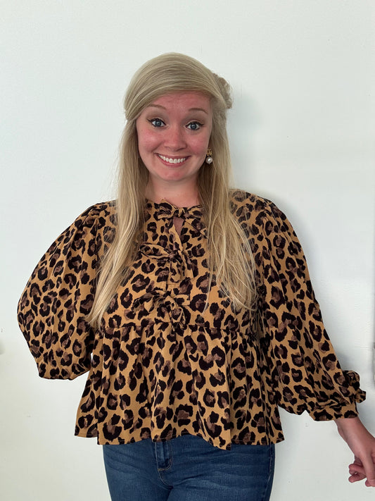 Leopard Print Peplum Tie Top