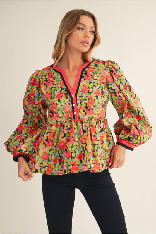 Floral Long Puff Sleeve Top