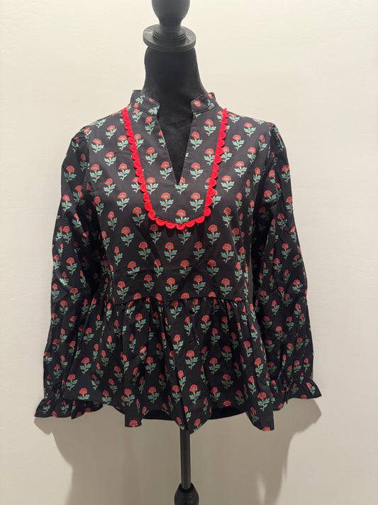 Black Ruffle Floral Peplum Top